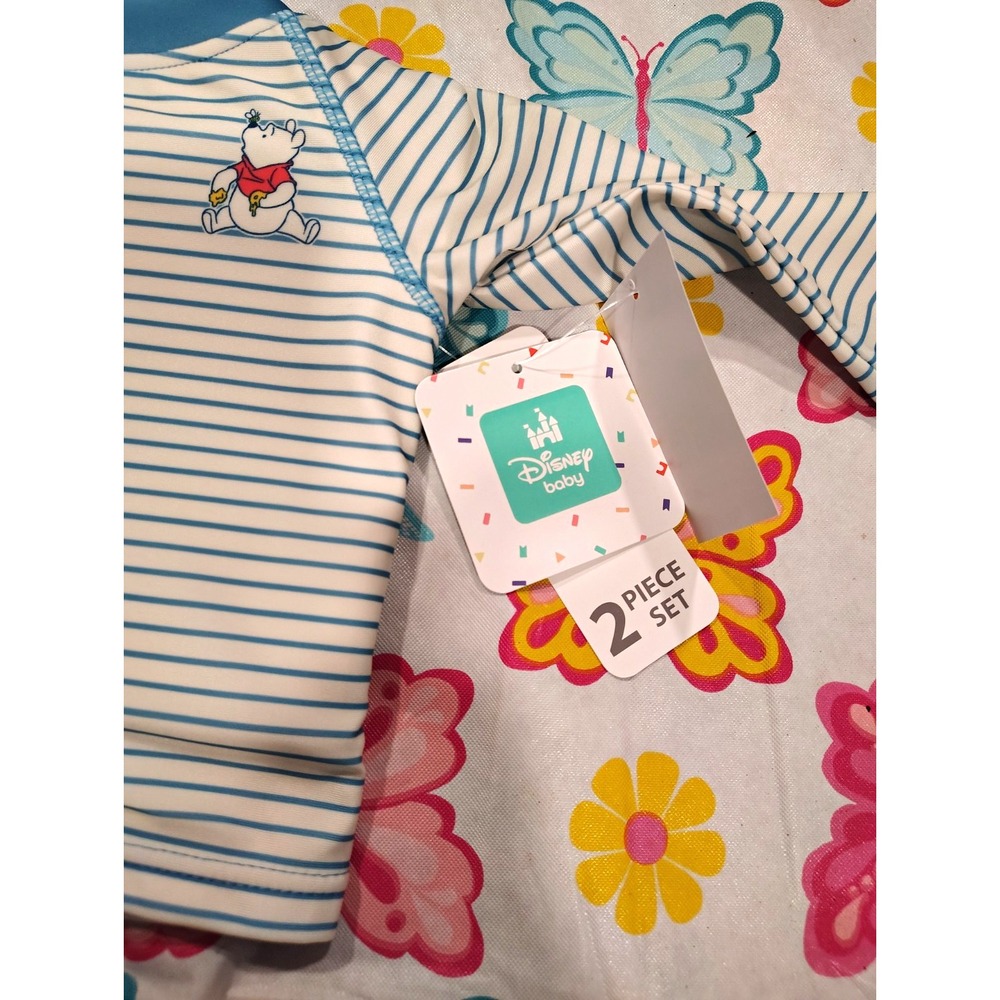 Disney Baby Winnie the Pooh 2 Piece Rash Guard Swimsuit Set Blue White Striped